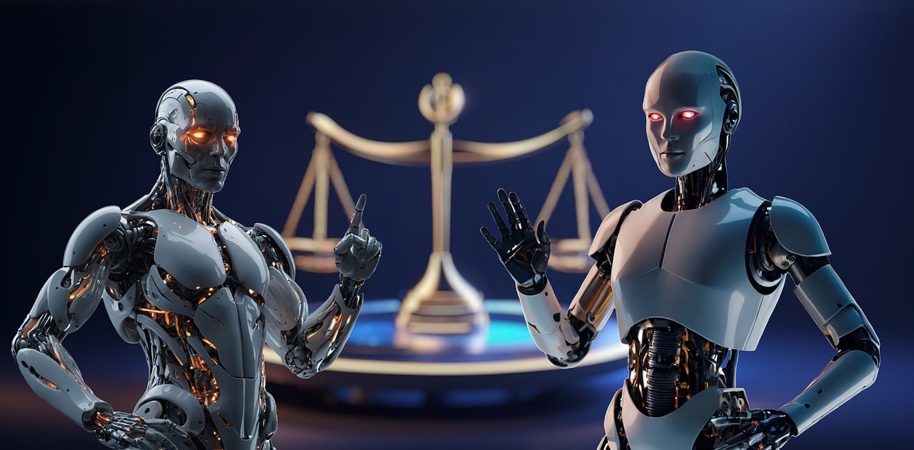 Two AI robots standing in front of Justice scale